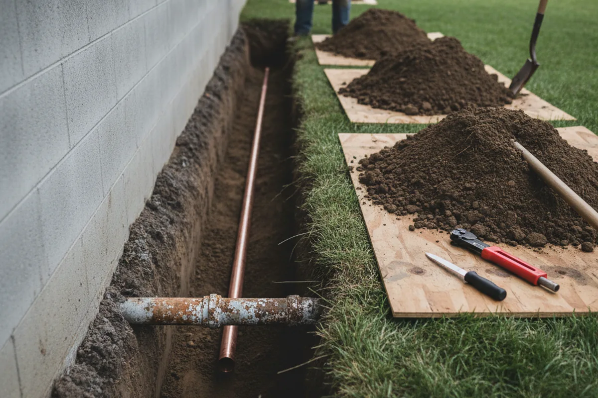 Excavated water line trench during Sewer Line Repair in Malabar